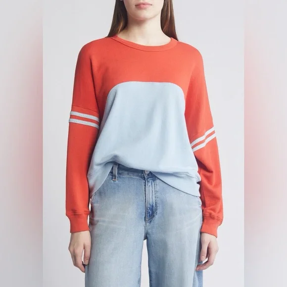 THE GREAT Cross Country Colorblock Cotton Sweatshirt Tomato Red Blue Medium - Picture 1 of 13